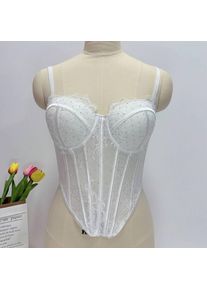 White Lace Rhinestone Corset Top With Integrated Shapewear And Structured Boning