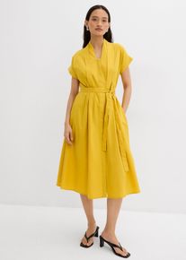 bonprix Ausgestelltes Kaftan-Kleid, gelb, Gr.46, Ausgestelltes Kleid mit V-Ausschnitt, kurzen &Auml;rmeln, verstellbarem G&uuml;rtel in der Taille und seitlichen Eingrifftaschen, 100% Baumwolle