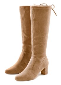Schlupfstiefel Lascana "Schlupfboots, Slouchy Boots, Slip-On", Damen, Gr. 38, braun (sand), Obermaterial: 100% Textilmaterial. Decksohle: 100% Lederimitat. Futter: 100% Textilmaterial. Laufsohle: 100% Synthetik, unifarben, Schuhe Schlupfstiefel, aus stretchigem Material mit Blockabsatz in elegantem Design