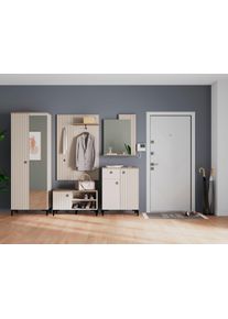 Garderoben-Set Home Affaire "Luminara", cashmere (beige), eiche, B:245cm H:199cm T:41cm, Floatglas, Holzwerkstoff, MDF, Metall, Kastenm&ouml;bel-Sets, Garderoben-Set, Komplettset: Schrank mit Spiegel, Sitzbank, Paneel, Kommode & Spiegel