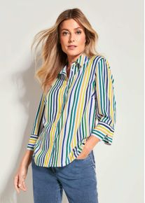 Hemdbluse GOLDNER "Kurzgr&ouml;&szlig;e Blusenshirt mit Streifenmuster", Damen, Gr. 25, gr&uuml;n (gr&uuml;n, blau, gelb, gestreift), Obermaterial: 100% Polyester PES., Modisch, normal, Manschette, Blusen Hemdbluse, Knopfleiste