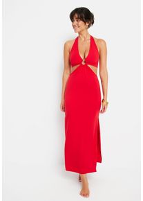 Neckholderkleid LSCN BY LASCANA, Damen, Gr. 44, N-Gr, rot (cherry, rot), Jersey, Obermaterial: 47% Baumwolle, 47% Modal, 5% Elasthan, 1% sonstige Fasern, unifarben, figurbetont lang, tiefer V-Ausschnitt, Kleider Neckholderkleid, mit Cut-outs, Maxikleid