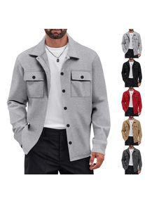 Men's Work Jacket Notched Collar Long Sleeve Button Front Workwear Jacket Grey Flap Pockets Solid Color Regular Fit Casual