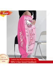 Hot Pink Light Pink Split‑Color Hello Kitty Long Pants Cartoon Polka‑Dot Bow Print Trousers for Lady