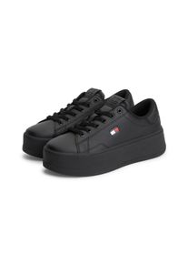 Plateausneaker Tommy Jeans "TJW SCRIPT CUPSOLE FLATFORM", Damen, Gr. 40, schwarz, Glattleder, clean, unifarben, Schuhe Plateausneaker, Freizeitschuh, Halbschuh, Schn&uuml;rschuh mit seitlicher Logoflagge