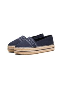 Espadrille Tommy Hilfiger "DENIM PLATFORM ESPADRILLE", Damen, Gr. 37, blau (dunkelblau), Baumwolle, Schuhe Espadrille, Plateau, Slipper, Schlupfschuh, Bequemschuh mit Bastbezug am Plateau