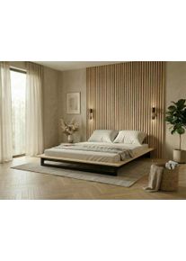 Futonbett OTTO HOME "Kobe, Massivholzbett aus Kiefer im Industrial Design, 200 KG belastbar", natur, schwarz, B:165cm H:18,5cm L:225cm, Betten, Futonbett, stabiles Kufengestell, rundum Ablagefl&auml;che, FSC, Made in Europe