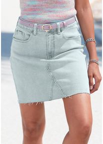 Jeansrock Buffalo, Damen, Gr. 42, blau (light blau washed), Denim/Jeans, Obermaterial: 98% Baumwolle, 2% Elasthan, unifarben, figurbetont ca. Mitte Oberschenkel, R&ouml;cke Jeansrock, in kurzer Form mit Fransensaum, Minirock aus bequemem Baumwoll-Stretch