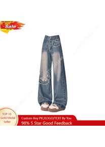 Hello Kitty High Street Retro KT Jeans Embroidered Patch Wide-Leg Jeans Women Summer Straight-Leg Trousers Versatile Pants