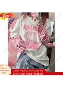 1pc Tops Sanrio Hello Kitty Japanese Sweet Cool T-Shirt Women New Loose False Two Pieces Long Sleeve Kitty Tops Women
