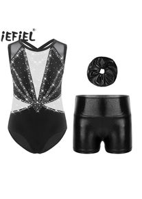 Children Girls Ballet Dance Gymnastics Figure Skating Acrobatics Yoga Leotard Set Rhinestone Mesh Bodysuit with Shorts Headwear