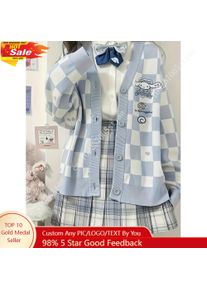 Cinnamoroll Light Blue White Checkered Cardigan Featuring A Heart-Shaped Designed for Teen and Women Long-Sleeved Thin Sweater