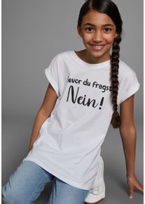T-Shirt Kidsworld "Bevor Du fragst: NEIN", M&auml;dchen, Gr. 140/146, wei&szlig;, Single Jersey, Obermaterial: 100% Baumwolle, bedruckt, weit h&uuml;ftbedeckend, Rundhals, Aufschlag, Shirts T-Shirt, Kurzarm, mit Print, Rundhalsausschnitt