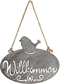Gartenstecker AMBIENTE HAUS "Willkommen Schild mit Vogel (B) 20cm", grau, B:24cm H:34cm, Metall, Gartenstecker, Gartenstecker