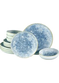 Teller-Set Creatable "Uno Mykonos, Teller Set 12-tlg", bunt, 12 Stk., Steinzeug, Geschirr-Sets, Teller-Set, Sommerlich, Vintage Style, Reaktivglasur