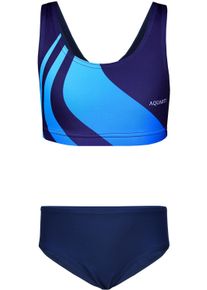 Bustier-Bikini AQUARTI "Bikini M&auml;dchen Sport Bikini Racerback Bustier & Bikinislip", Kinder, Gr. 158, N-Gr, blau (wellen blau dunkelblau), Obermaterial: 80% Polyamid PA. 20% Elasthan EL., Bikini-Sets Bustier-Bikini