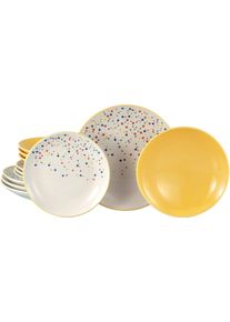 Teller-Set Creatable "Joy, Teller Set 12-tlg.", bunt (gelb, bunt), 12 Stk., Steinzeug, Geschirr-Sets, Teller-Set, Unregelm&auml;&szlig;ige bunte Punkte, Gute Laune Geschirr, Frisch, Freundlich