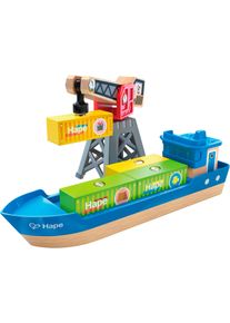 Spielzeug-Schiff HAPE "Frachtschiff und Hafenkran", bunt, Spielzeugfahrzeuge, KinderB:30cm H:18cm T:7cm, Spielzeug-Schiff, B:30cm H:18cm T:7cm