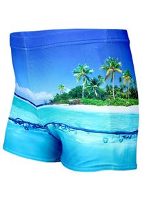 Badehose AQUARTI "Badehose Jungen Badehose Gestreift mit Motiven", Jungen, Gr. 128, N-Gr, blau (insel meer, blau), Obermaterial: 80% Polyester PES. 20% Elasthan EL., Badehosen Badehose