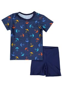 Badeanzug AQUARTI "Badehose Baby Jungen Bade-Set Zweiteiliger Badeanzug T-Shirt Hose", Kinder, Gr. 86, N-Gr, orange (anker orange blau, dunkelblau), Obermaterial: 80% Polyester PES. 20% Elasthan EL., Badeanz&uuml;ge Badeanzug