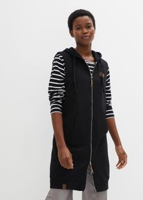 Sweatweste bonprix, Damen, Gr. 44/46 (L), schwarz, Sweatware, Obermaterial: 60% Baumwolle, 40% Polyester, unifarben, l&auml;ssig geschnitten knieumspielend, Westen Sweatweste, lange Weste mit Kapuze, Baumwoll-Mischung, 2-Wege-Zipper