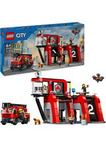 Konstruktionsspielsteine Lego "Feuerwehrstation mit Drehleiterfahrzeug (60414), Lego City", bunt, Spielbausteine, Kinder, Kunststoff, Konstruktionsspielsteine, Made in Europe