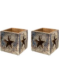 Windlicht CREATIV DECO "Weihnachtsdeko", silber (silberfarben), B:13cm H:13cm T:13cm, Holzwerkstoff, Kerzenhalter, Windlicht, mit eleganter silberfarbener Folierung, 2er Set