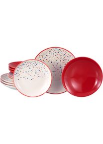 Teller-Set Creatable "Joy, Teller Set 12-tlg.", bunt (rot, bunt), 12 Stk., Steinzeug, Geschirr-Sets, Teller-Set, Unregelm&auml;&szlig;ige bunte Punkte, Gute Laune Geschirr, Frisch, Freundlich