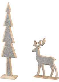 Weihnachtsfigur CREATIV HOME "Tannenbaum und Hirsch", silber, B:14,5cm H:69cm T:7cm, Dekofiguren, Weihnachtsfigur, mit Glitter