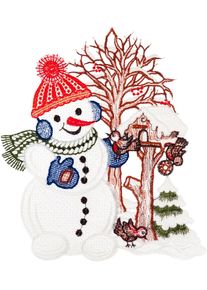 Fensterbild "Fensterbild "Schneemann mit Vogelhaus" farbig", wei&szlig; (bunt), B:20cm H:26cm, Polyester, W. REUTER & SOHN - PLAUENER SPITZE, Fensterbilder, Fensterbild