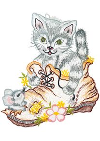 Fensterbild "Fensterbild "Katze im Schuh" farbig", bunt, B:21cm H:23cm, Polyester, W. REUTER & SOHN - PLAUENER SPITZE, Fensterbilder, Fensterbild