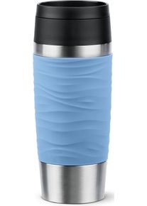 Thermobecher Emsa "Travel Mug Classic Wave", blau (pastell, blau), H:20,4cm &Oslash;:8,2cm, Edelstahl, Kunststoff, Silikon, Trinkgef&auml;&szlig;e, Thermobecher, 100% dicht, sp&uuml;lmaschinenfest, 360-Trink&ouml;ffnung