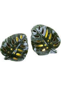 Windlicht I.GE.A. "Blatt mit LED-Licht", gr&uuml;n, B:17cm H:15cm, Keramik, Kerzenhalter, Windlicht, 2er Set