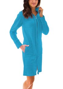 Damenbademantel AQUARTI "Bademantel Aquarti Damen Bademantel Rei&szlig;verschluss Streifenmuster" Gr. XL, blau (streifenmuster t&uuml;rkis), XL, Obermaterial: 80% Baumwolle CO. 20% Polyester PES., Hausm&auml;ntel, Damenbademantel