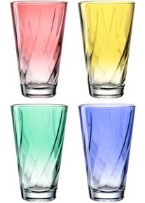 Gl&auml;ser-Set Leonardo "Trinkglas, TWIST, 300 ml, farbig sortiert, 4er-Set", bunt (rot, gelb, blau, gr&uuml;n), H:13cm &Oslash;:8cm, Glas, Trinkgef&auml;&szlig;e, Gl&auml;ser-Set, Longdrinkbecher, sp&uuml;lmaschinengeeignet