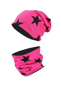 Beanie TUPTAM "M&uuml;tze Unisex Kinder Beanie M&uuml;tze Schlauchschal Set", Jungen, Gr. 54, pink (sterne schwarz, pink), Obermaterial: 95% Baumwolle CO. 5% Elasthan EL., M&uuml;tzen Beanie