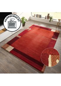 Wollteppich Theko "Tromso, Wolle, Handgefertigt, Bord&uuml;re mit Hoch-Tief-Effekt" Gr. 3, rot, B:120cm H:15mm L:180cm, Wolle, Teppiche, Wollteppich, Wohnzimmer, Schlafzimmer, Esszimmer