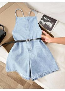 Womens Casual Loose Denim Bib Shorts With Criss-Cross Back And Belt