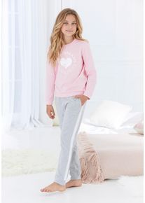 Pyjama Buffalo, M&auml;dchen, Gr. 134/140, grau (rosa, grau, meliert), Single Jersey, Obermaterial: 100% Baumwolle, bedruckt, unifarben mit Farbeinsatz, Basic, bequem, Rundhals, angesetztes B&uuml;ndchen, Homewear-Sets Pyjama, Schlafanzug mit Herzdruck und Streifen am Bein