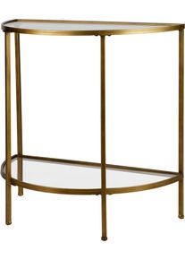 Beistelltisch Woood "Goddess mit Glasplatten und gestell in Messingoptik, abgeflachte Seite", antikmessing, B:38cm H:75cm T:76cm, Tische, Beistelltisch, Schlankes Eisengestell, zwei Glasb&ouml;den, geschwungene Vorderkante