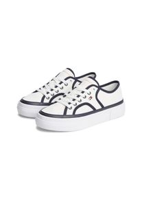 Plateausneaker Tommy Hilfiger "PLATFORM VULC SNEAKER PIPING", Damen, Gr. 38, ecru, blau, Baumwolle, Lederimitat, Schuhe Plateausneaker, Freizeitschuh, Halbschuh, Schn&uuml;rschuh mit Kontrast-Paspellierung