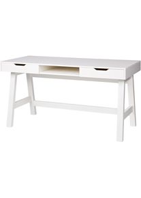 Schreibtisch Woood "Nikki aus Kiefernholz lackiert, zwei Schubladen 140x62x75 cm", wei&szlig;, B:140cm H:75cm T:62cm, Tische, Schreibtisch, Schubladen mit Metallf&uuml;hrung, offenes Mittelfach, geb&uuml;rstet Oberfl&auml;che