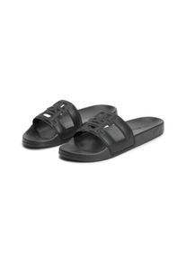 Pantolette Tommy Hilfiger "TH MONOGRAM POOL SLIDE", Damen, Gr. 41, schwarz, Lederimitat, Schuhe Pantolette, Sommerschuh, Schl&uuml;pfschuh mit gro&szlig;em TH in der Bandage