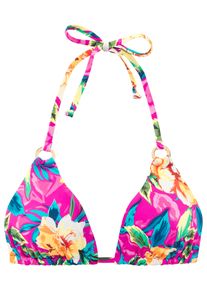 Triangel-Bikini-Top Lascana "Riley", Damen, Gr. 42, Cup A/B, bunt (pink bedruckt), Recycling-Polyamid, bedruckt, floral, Bikini-Oberteile Triangel-Bikini-Top, mit goldfarbenen Zierringen