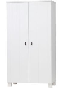 Garderobenschrank Woood "Ties Kiefer FSC geb&uuml;rstet V-Nut T&uuml;ren Ledergriff", wei&szlig;, B:111cm H:202cm T:55cm, FSC-zertifizierter Holzwerkstoff, Schr&auml;nke, Garderobenschrank, Strukturierte Front, markante T&uuml;rdetails