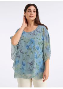 Longbluse sheego, Damen, Gr. 56, kalkmint, eisblau, bedruckt, 100% Polyester, gebl&uuml;mt, gemustert, Rundhals, Blusen Longbluse