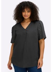 Longbluse sheego, Damen, Gr. 58, eisblau, 100% Baumwolle, unifarben, V-Ausschnitt, Blusen Longbluse