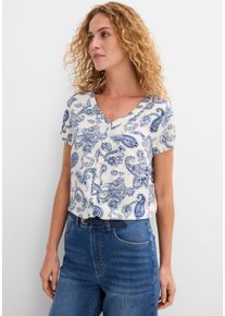 Kurzarmbluse bonprix, Damen, Gr. 50, wei&szlig; (wollwei&szlig;, indigo paisley), Web, Obermaterial: 100% Viskose, Paisley, bedruckt, regular fit Po-bedeckend, V-Ausschnitt, gerader Abschluss, Blusen Kurzarmbluse, leicht taillierte Passform, f&uuml;r warme Tage, aus Viskose