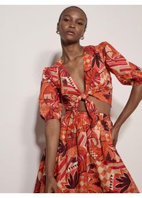 Druckbluse Apricot "Bluse", Damen, Gr. XL (42), rot, gewebt, Obermaterial: 100% Baumwolle CO., bedruckt, normal, V-Ausschnitt, Puff&auml;rmel Elastisch, Blusen Druckbluse, Bindeband vorne