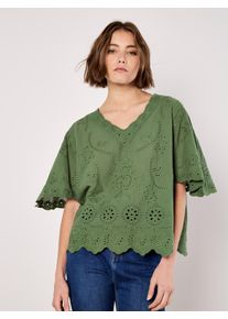 Spitzenbluse Apricot "Bluse", Damen, Gr. M/L (38/40), gr&uuml;n, gewebt, Obermaterial: 100% Baumwolle CO., uni, V-Ausschnitt, weit, Blusen Spitzenbluse, mit Stickereien